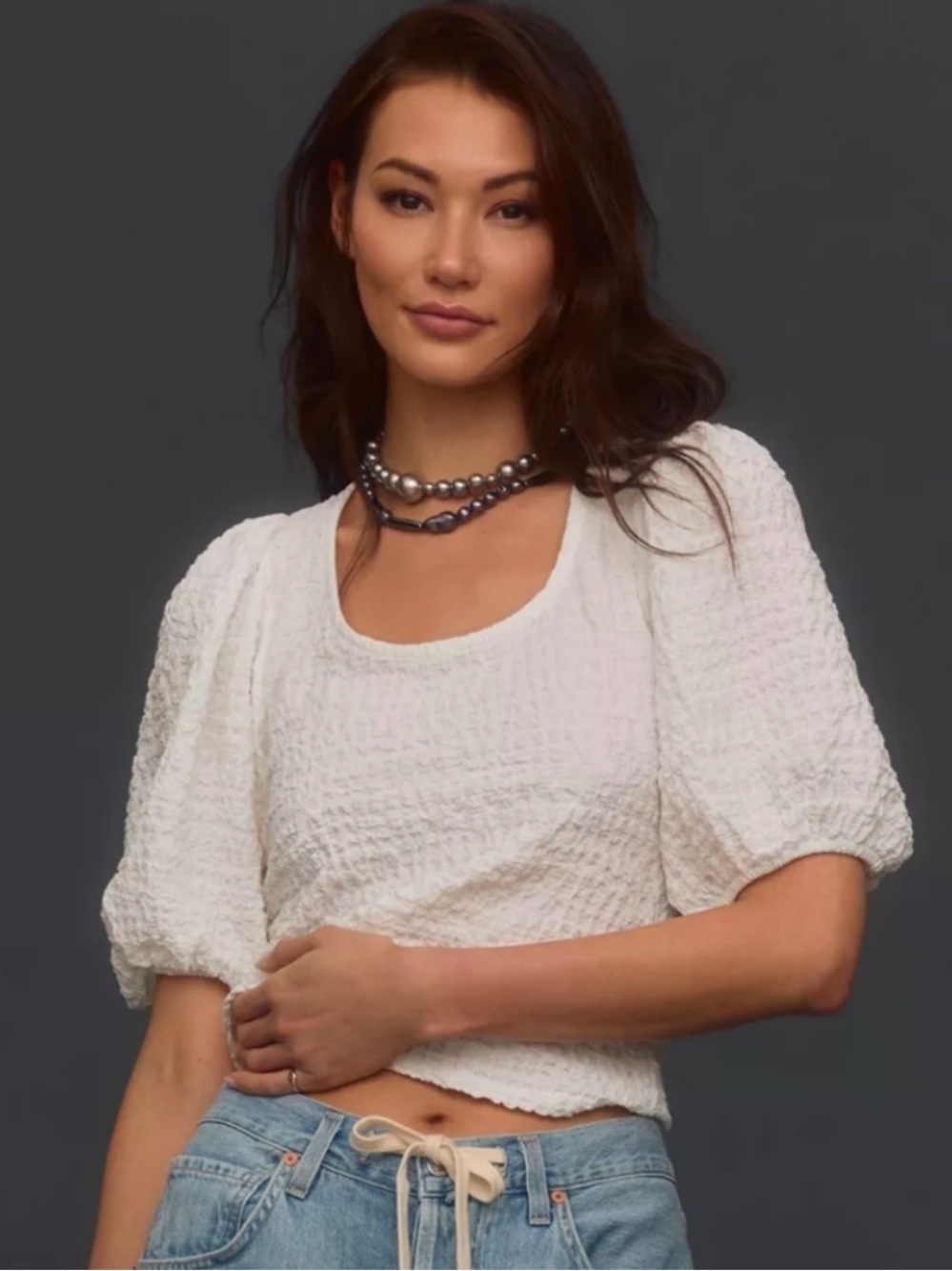 Anthropologie Maeve White Textured Puff-Sleeve Top XS